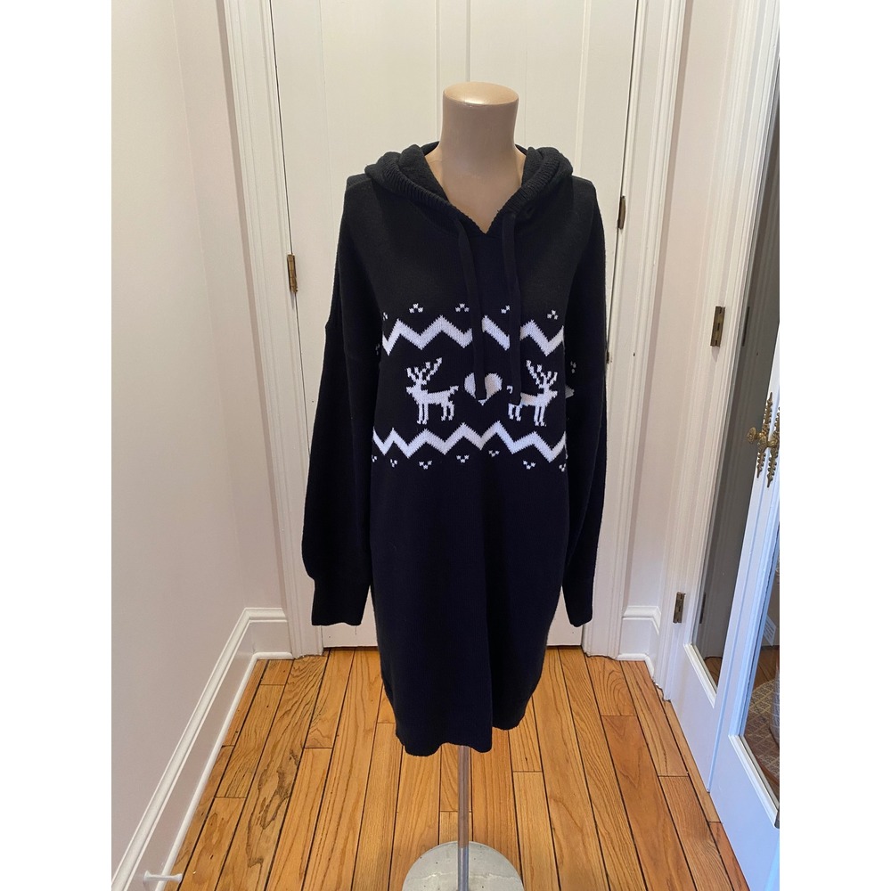 Derek Heart Black Reindeer Fair Isle Hoodie Sweater Dress 1X Plus Size Cozy